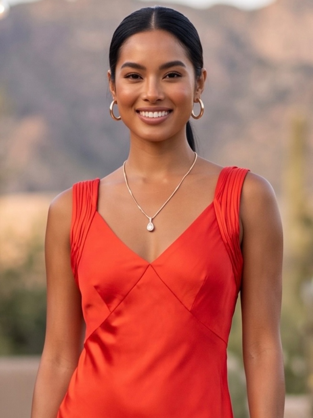 French Connection Red Ennis Satin Slip Maxi Dress | Ruched V Neck Side Slit - Picture 5 of 11